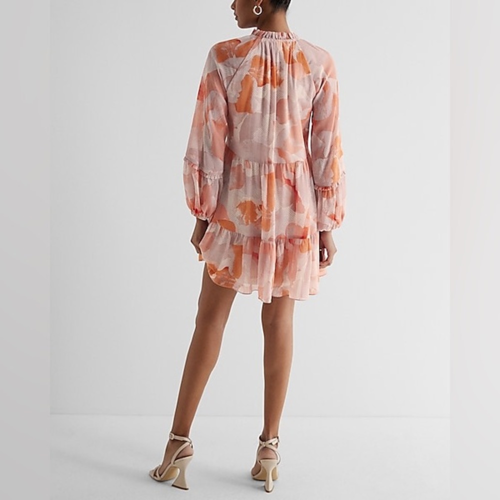 Floral Ruffle Neck Tiered Mini Shift Dress NWT - Picture 4 of 7